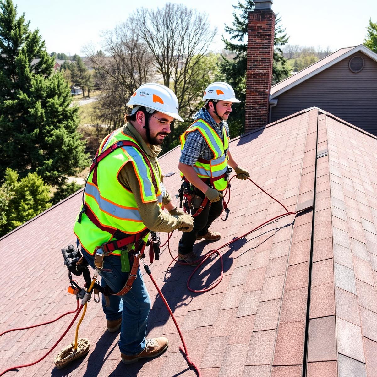 Professional Giant Roofing contractors working safely